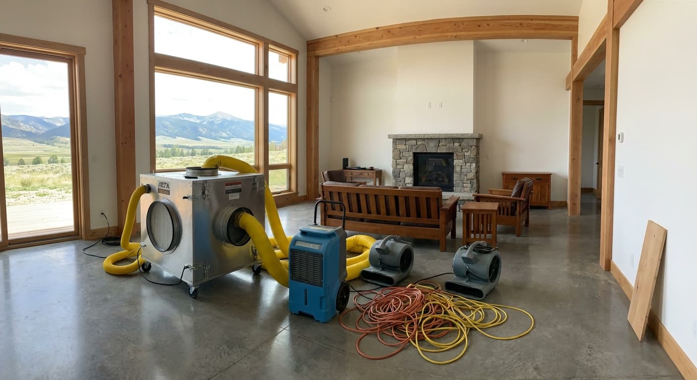 HEPA air scrubber and restoration equipment in a home.