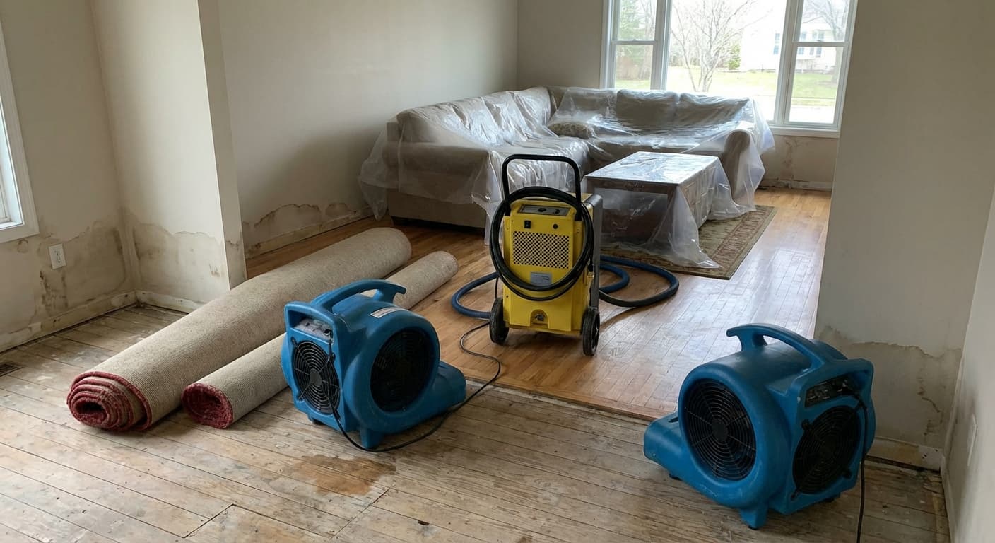 Water damage drying setup with dehumidifiers and air movers.